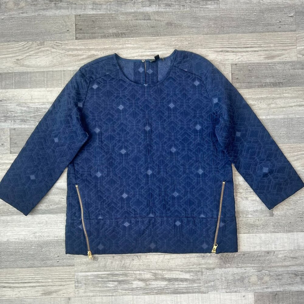 J. Crew Navy Blue Textured Double Zip Matelasse 3/4 Sleeve Textured Top J27